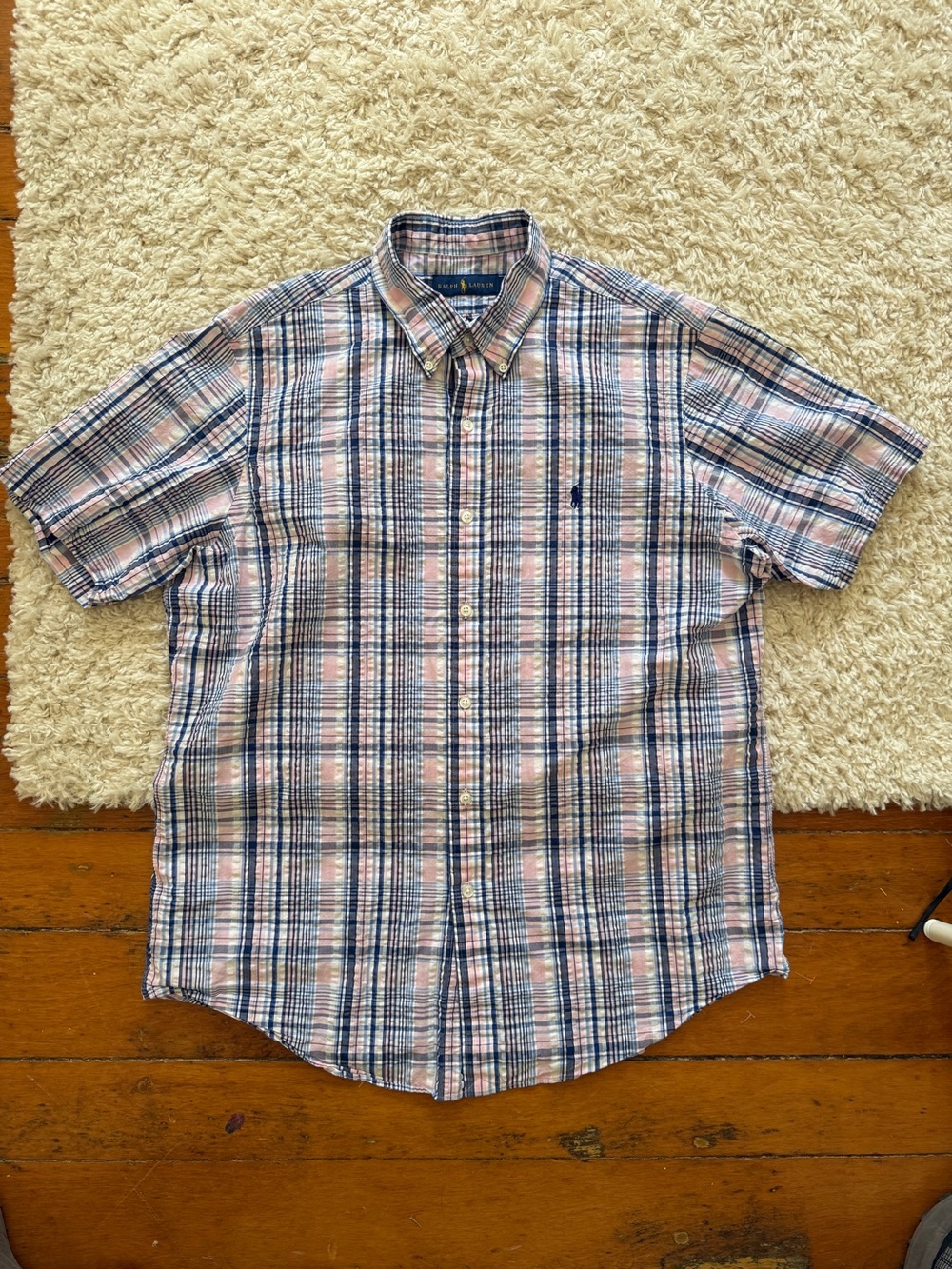 Ralph Lauren Men’s Gingham Seersucker Navy, Light Blue, White & Pink Shirt. Sz L
